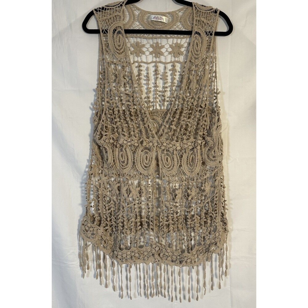 Ashlin Crochet Lace Fringe Vest Womens Boho Festival Kimono Beige